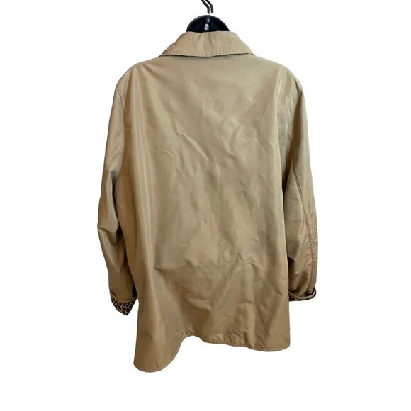 Dennis Basso Tan Mid Length Trench Coat Animal Print Trim Sz L - Picture 2 of 10
